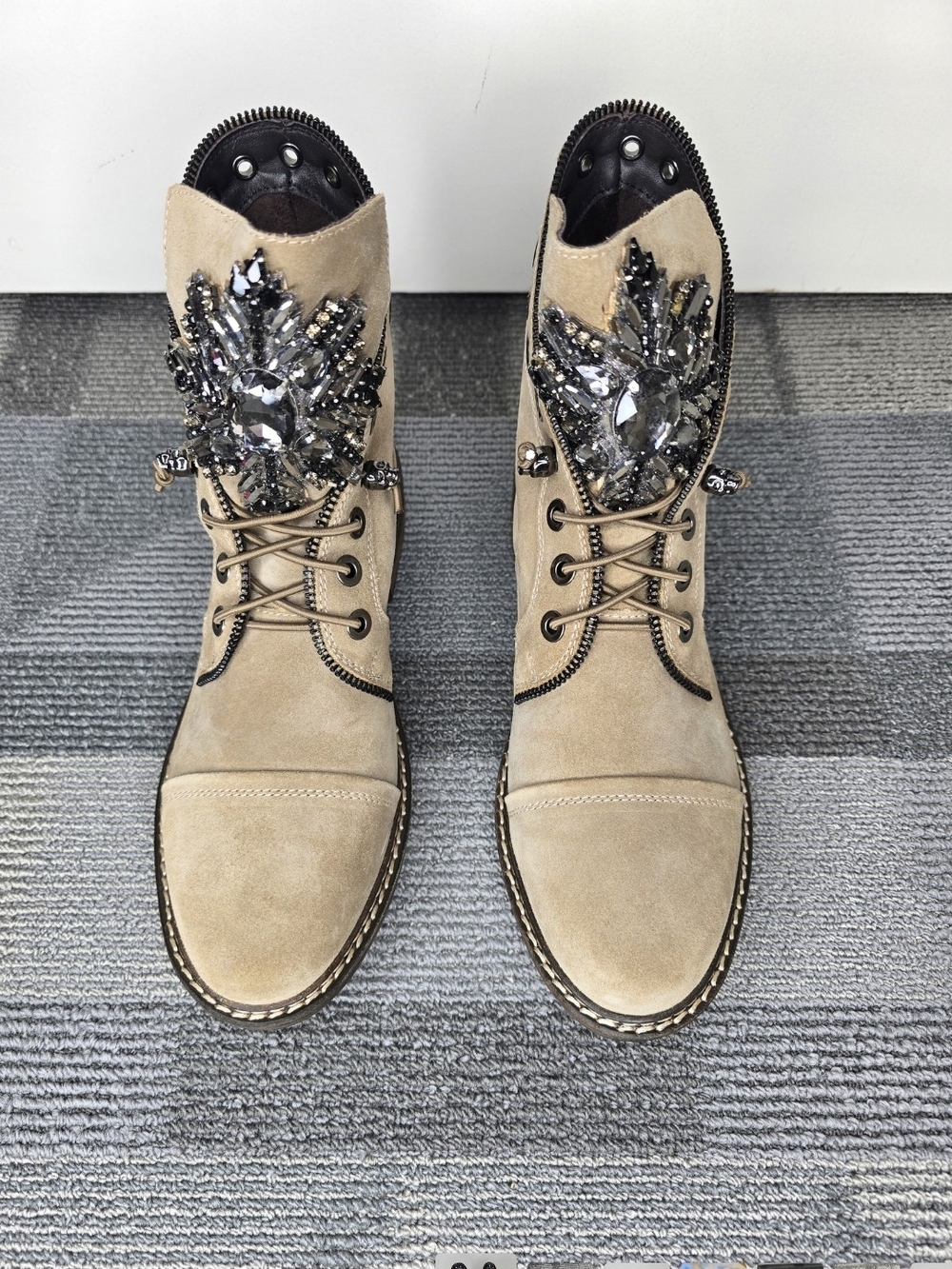 Vince Camuto Sefella Beige Suede Jeweled Embellished Tongue Combat Boots NIB